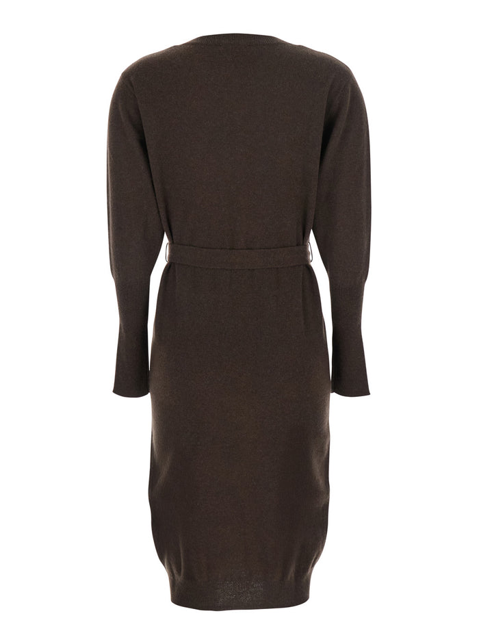 Brown Crewneck Dress With Front Belt Cashmere Woman
