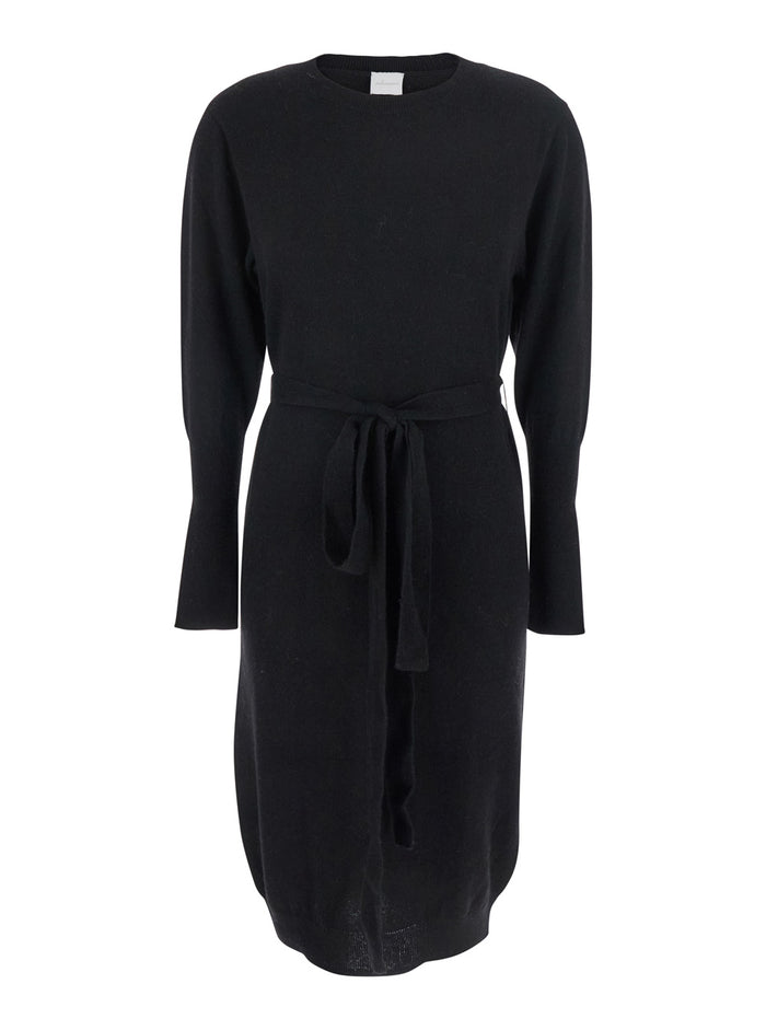 Black Crewneck Dress With Front Belt Cashmere Woman