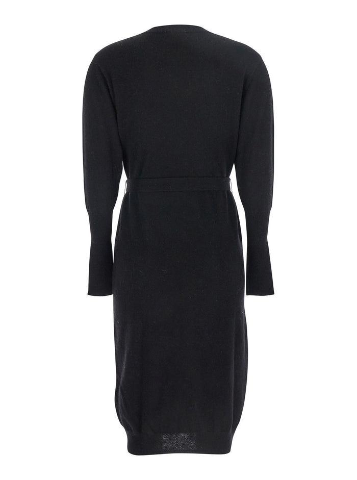 Black Crewneck Dress With Front Belt Cashmere Woman