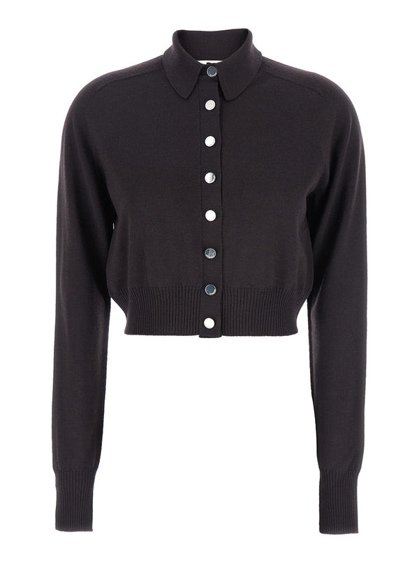 Black Cropped Cardigan With Button Down Collar Virgin Wool Tops