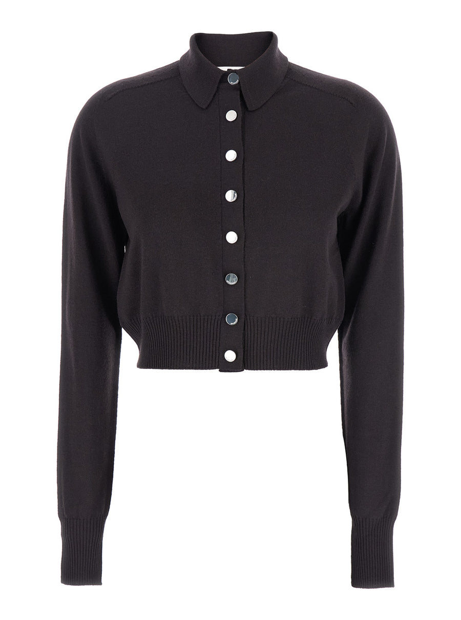 Black Cropped Cardigan With Button Down Collar Virgin Wool Tops
