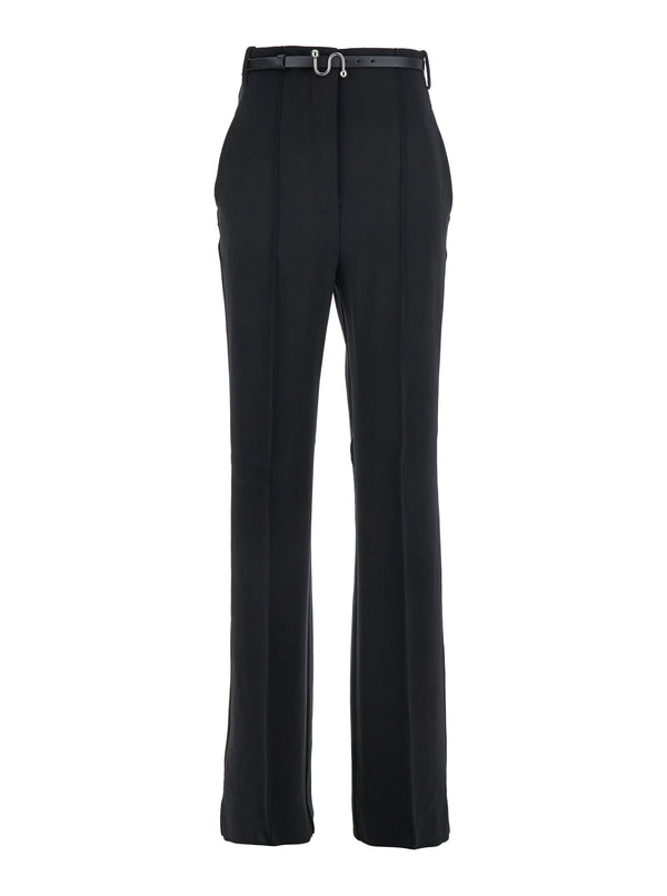 Black Pants With Belt And Metallic Buckle Viscose Trousers