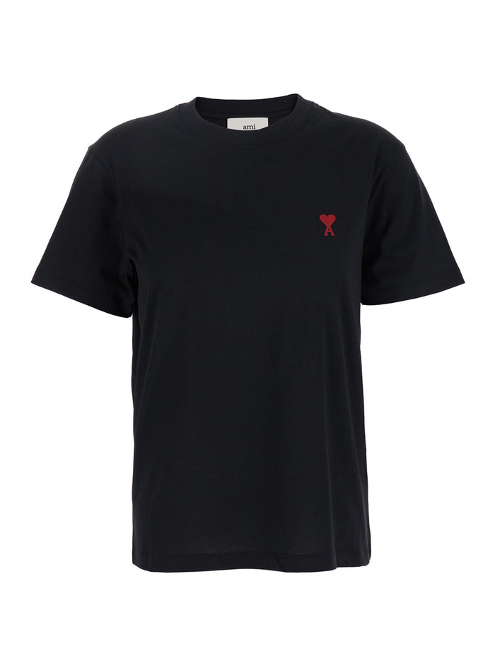 T-Shirt With Ami De Coeur Embroidery On The Front Black Cotton For Women Organic Tshirts And Polo Shirts
