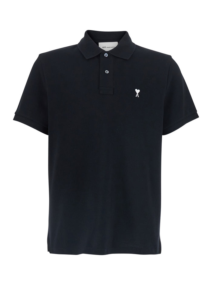 Polo Shirt With Ami De Coeur Logo Embroidered On The Front Black Cotton For Men Tshirts And