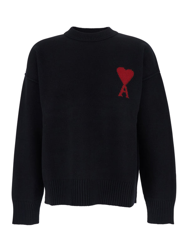 Crewneck Sweater With Adc Embroidery Black Wool Tops