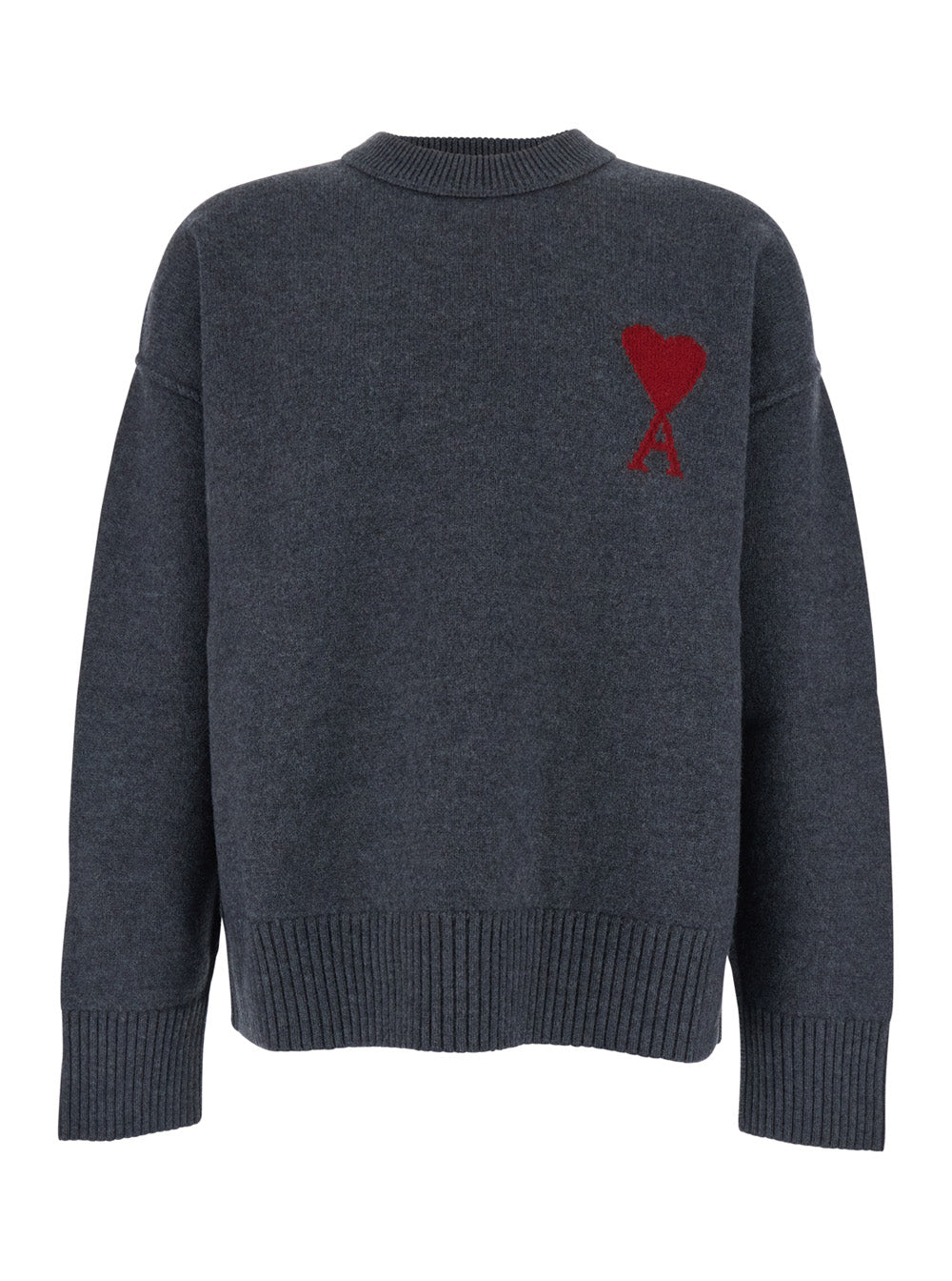 Crewneck Sweater With Dropped Shoulders And Adc Embroidery On The Front Gray Wool For Men Grey Jersey