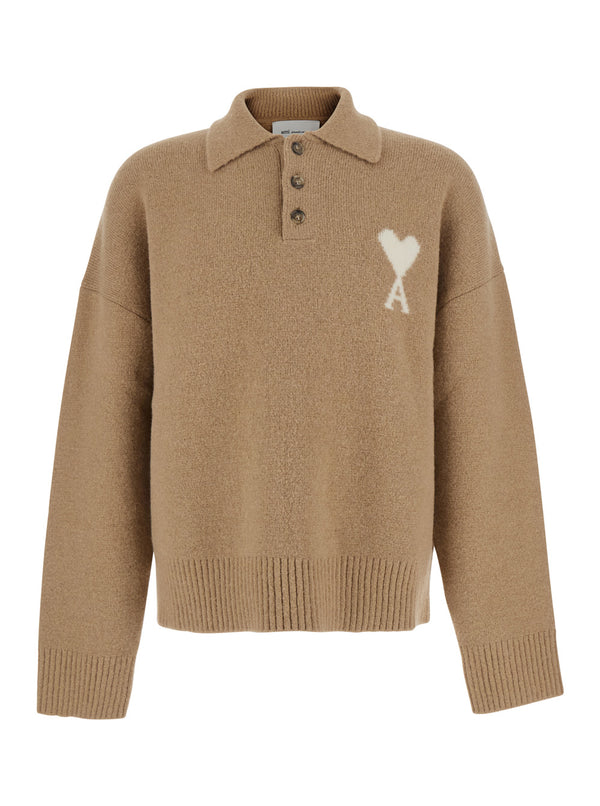 Wool Blend Polo Sweater Beige