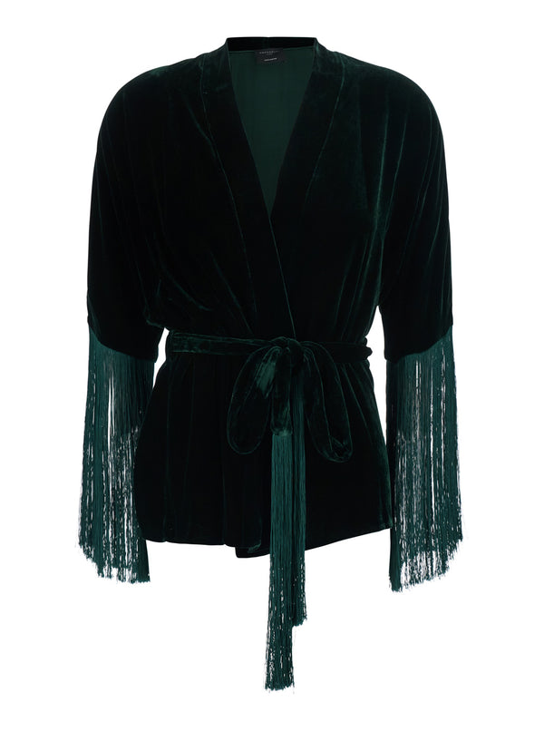 Green Velvet Fringe Cardigan Tops