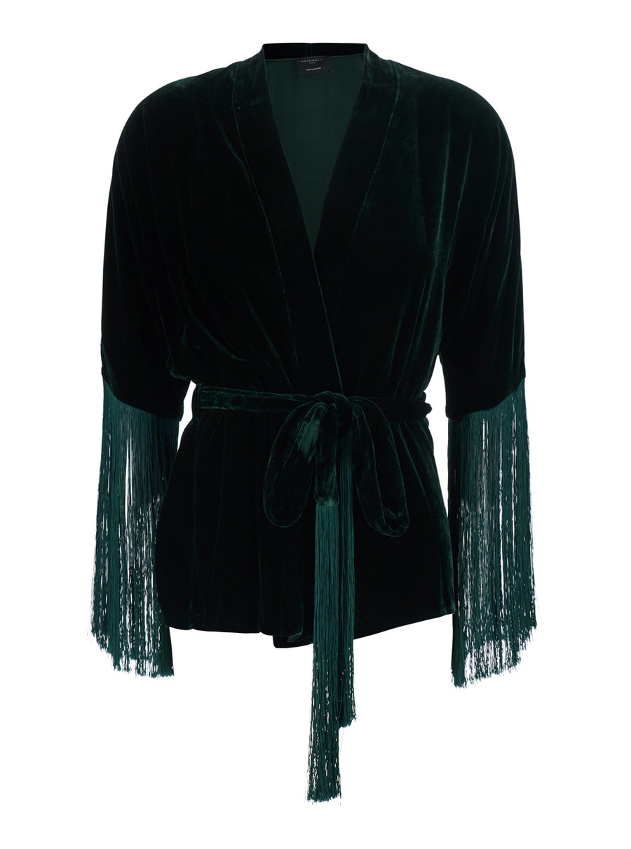Green Velvet Fringe Cardigan Tops