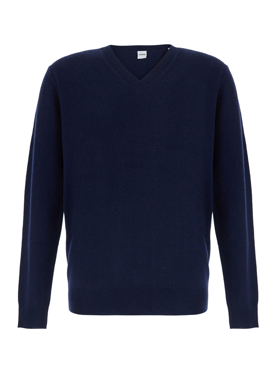 High Neck Wool And Cashmere Sweater Blue Tops