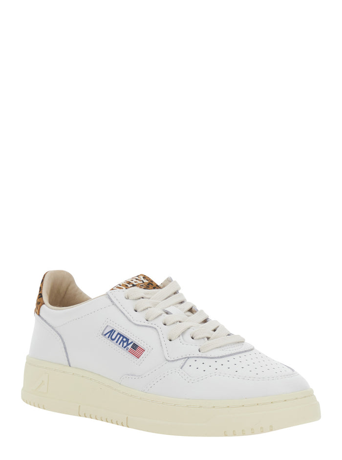 White Sneakers With Leopard Details. Leather Upper. Leather. Women