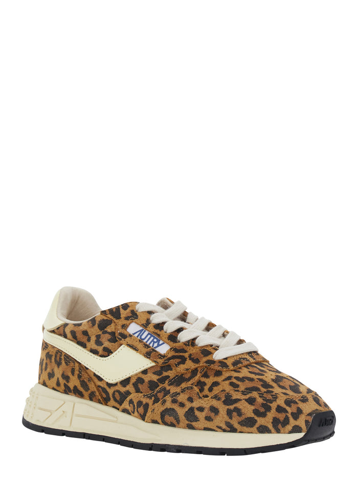White Sneakers With Leather Details And Brown Animalier Print For Women