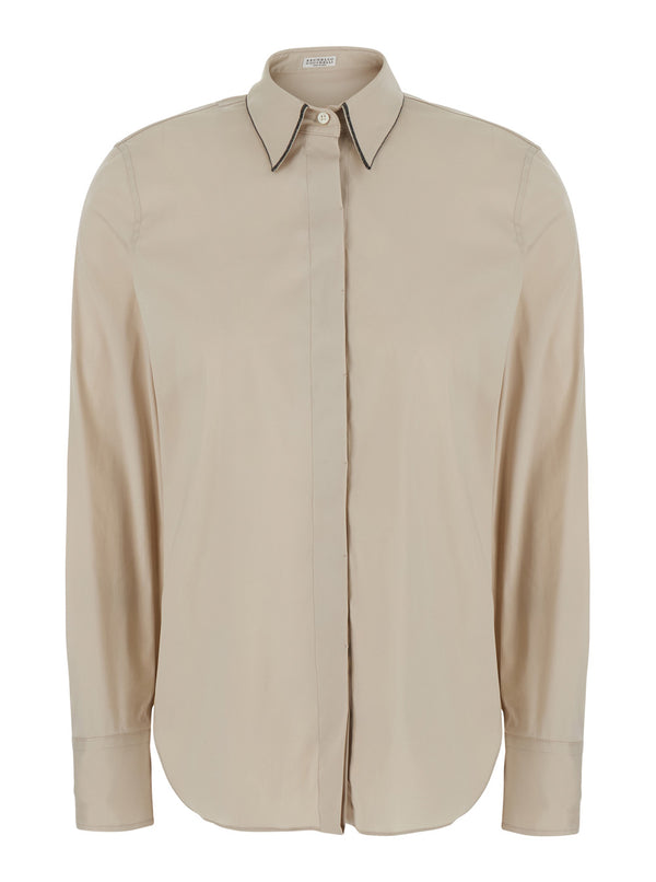 Shirt With Monil Collar, Beige Cotton Blouses