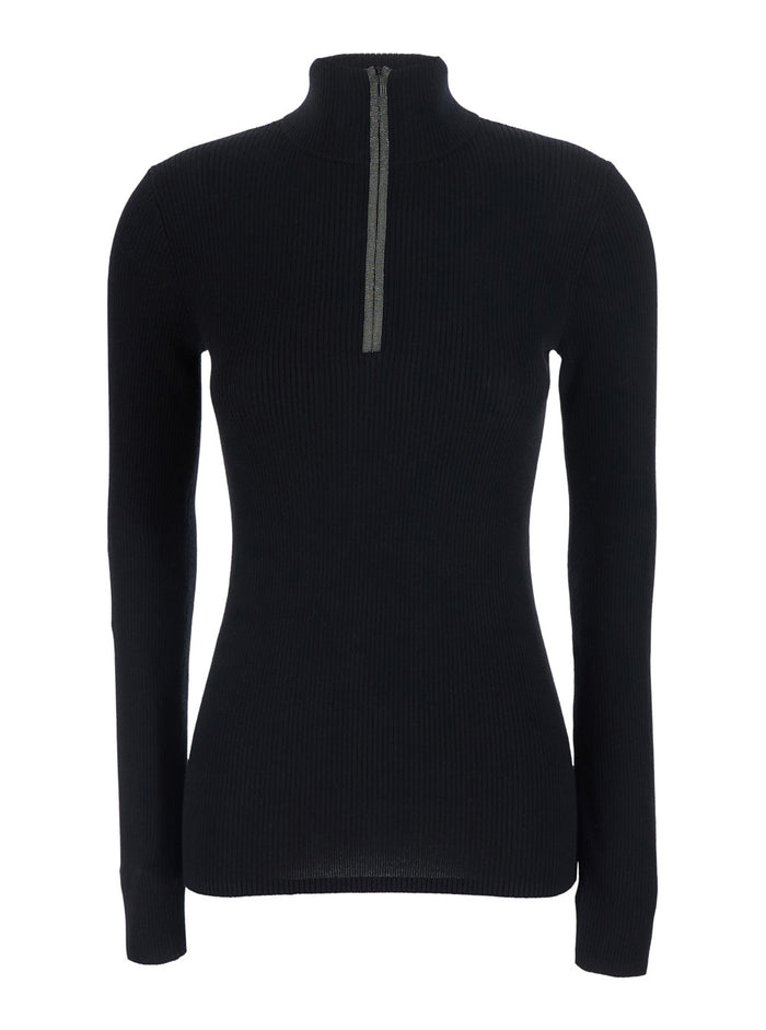 Black Turtleneck Sweater With Front Zip Closure And Monil Detail Wool Cashmere For Women Jersey