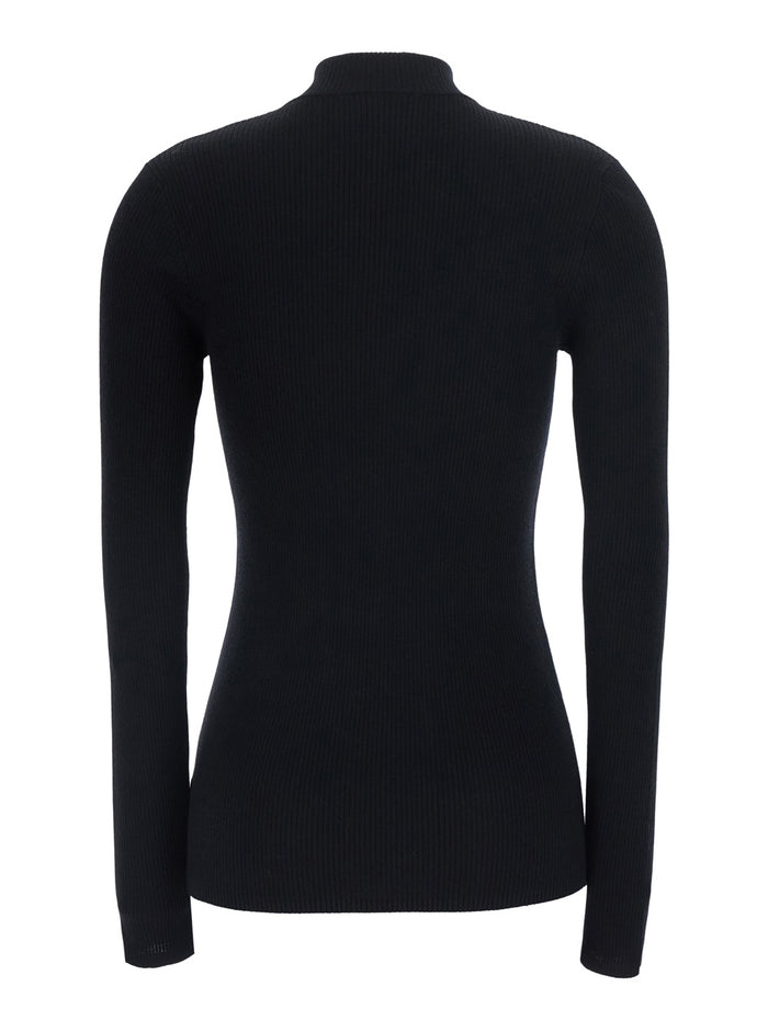 Black Turtleneck Sweater With Front Zip Closure And Monil Detail Wool Cashmere For Women Jersey