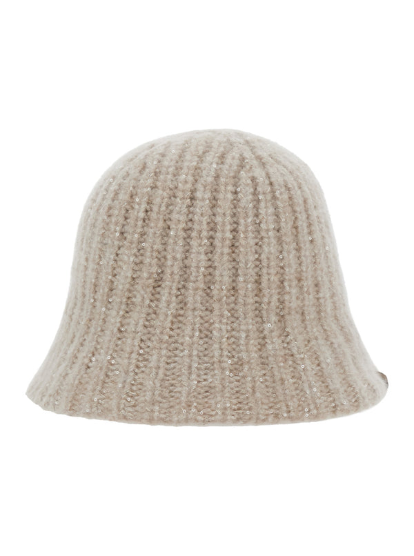 Knitted Beanie With Diamond Yarn Beige Cashmere Blend Hat