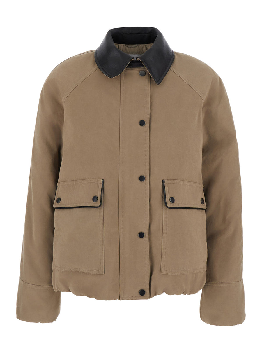 Jacket Beige With Leather Collar Cotton Blend Coat