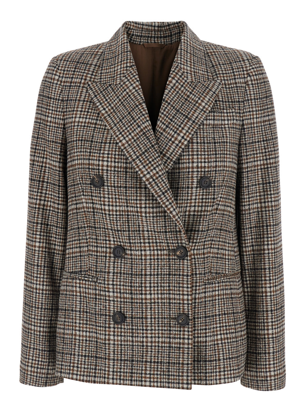 Beige Double-Breasted Jacket With Peak Revers And All-Over Check Motif Wool For Women Blazers