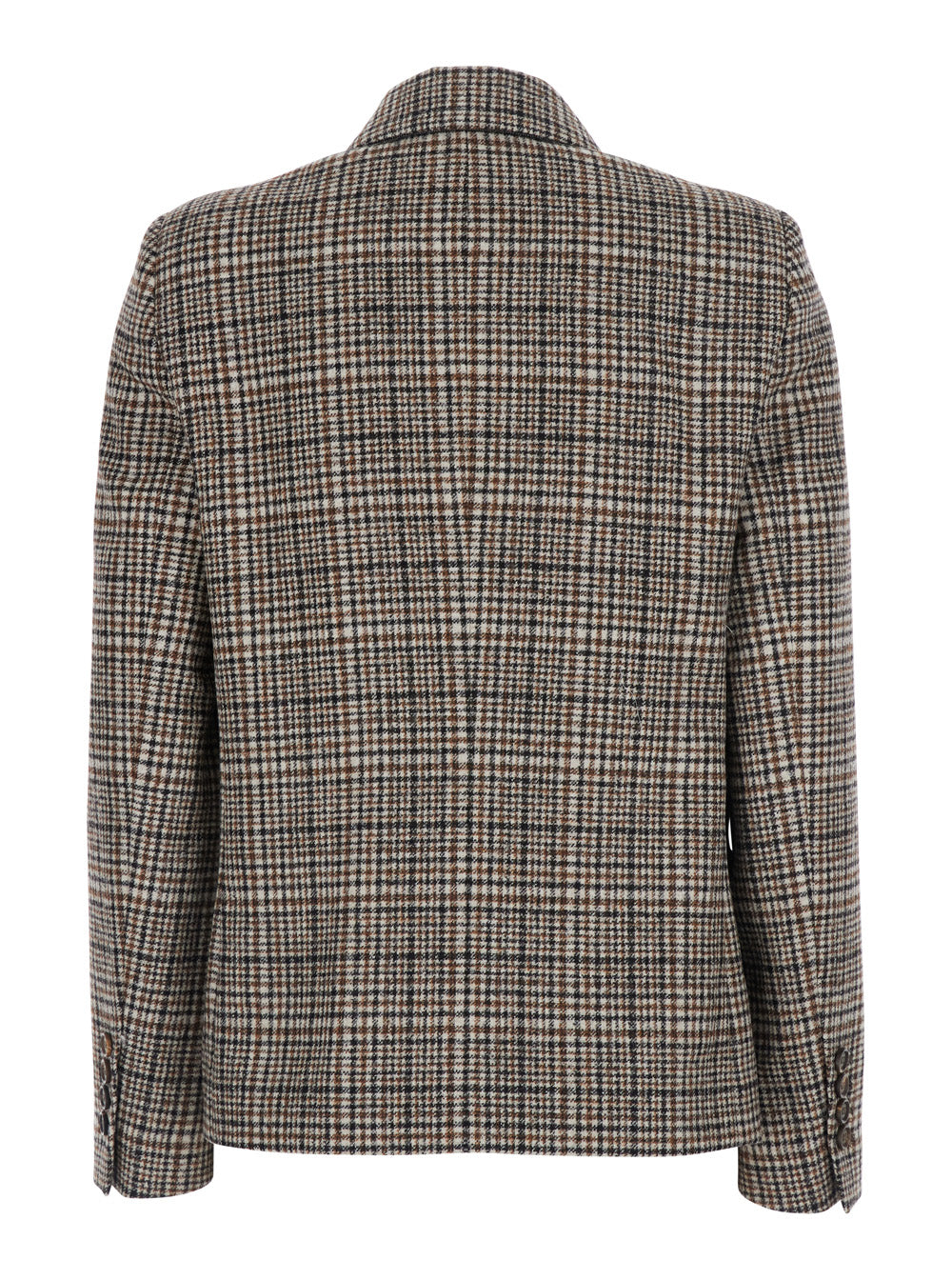 Beige Double-Breasted Jacket With Peak Revers And All-Over Check Motif Wool For Women Blazers