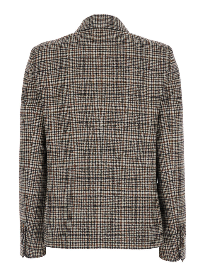 Beige Double-Breasted Jacket With Peak Revers And All-Over Check Motif Wool For Women Blazers