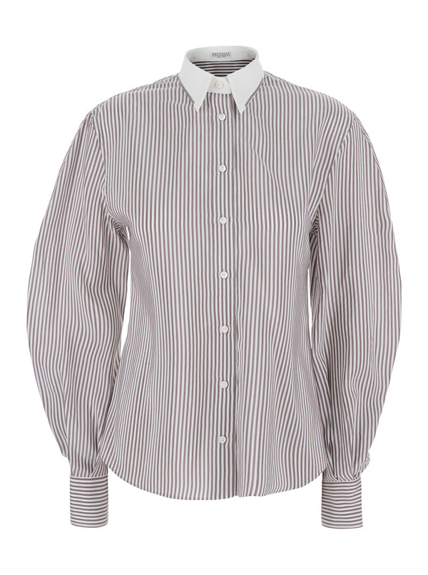 Beige Striped Silk Shirt Blouses