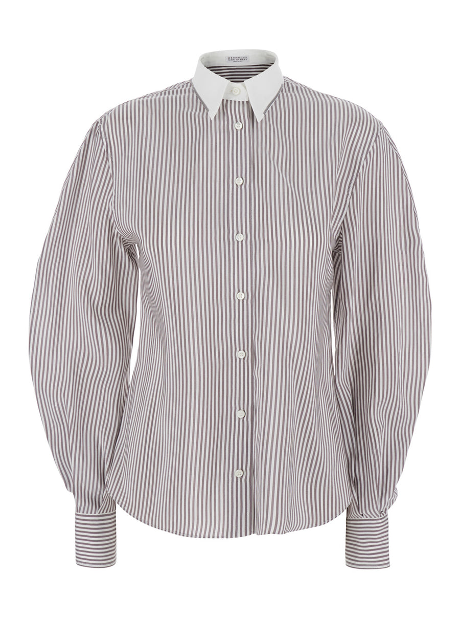 Beige Striped Silk Shirt Blouses