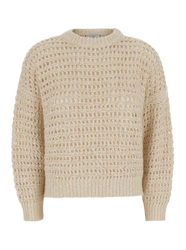 Crew Neck Sweater White Wool-Cashmere Blend Lamb Wool Tops