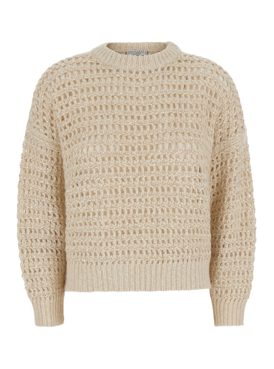Crew Neck Sweater White Wool-Cashmere Blend Lamb Wool Tops