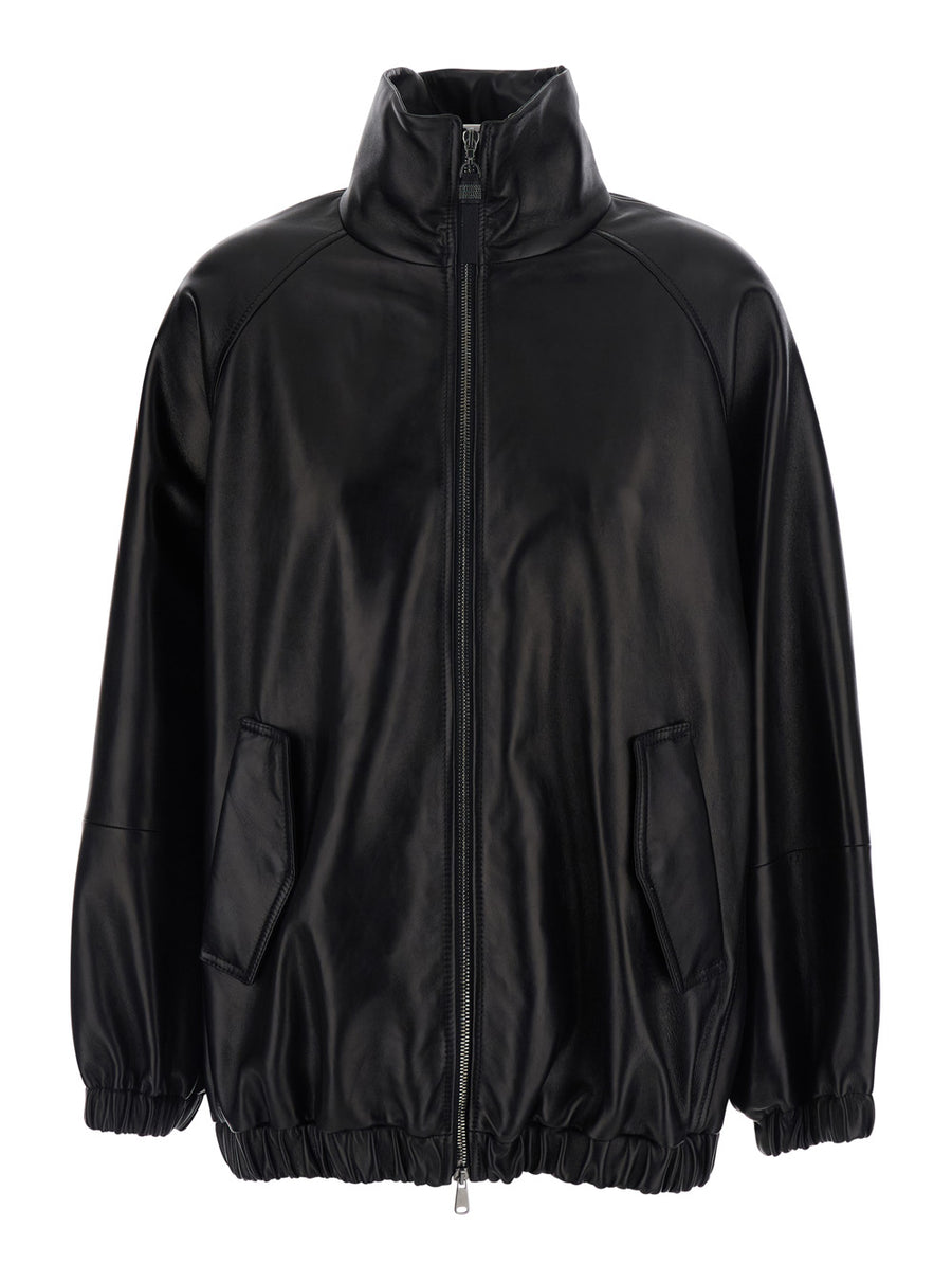 Jacket High-Collar Leather Black Coat