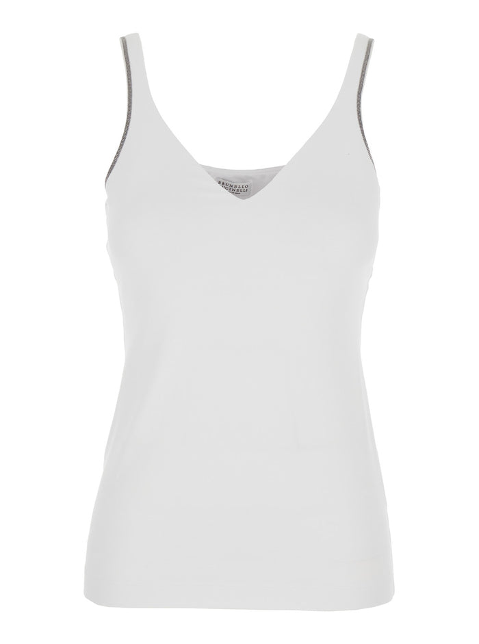 White Top With V-Neck And Monile Details On The Edges Cotton For Women Tops