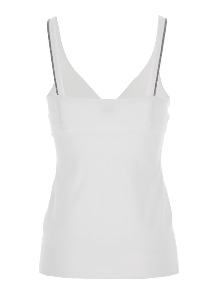 White Top With V-Neck And Monile Details On The Edges Cotton For Women Tops