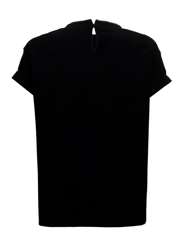 Black T-Shirt With Round Neckline And Monile Details Cotton For Women Tshirts Polo Shirts