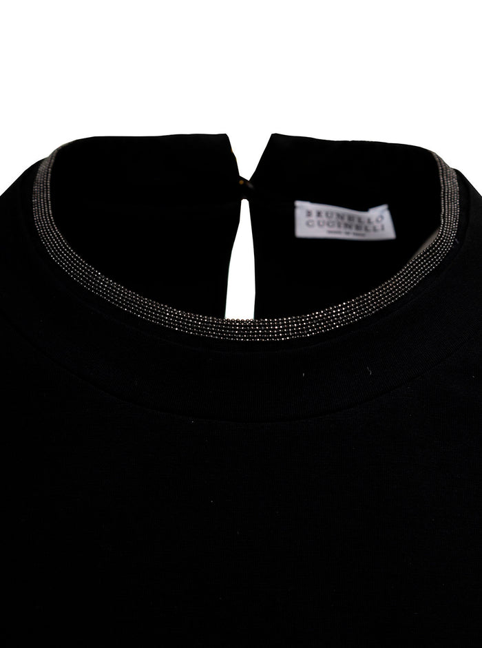 Black T-Shirt With Round Neckline And Monile Details Cotton For Women Tshirts Polo Shirts