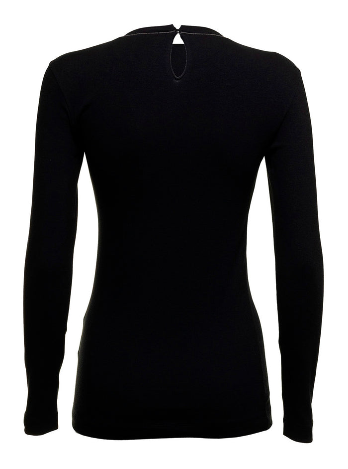 Black Long Sleeve T-Shirt With Round Neck And Monile Details Cotton Women Tshirts Polo Shirts