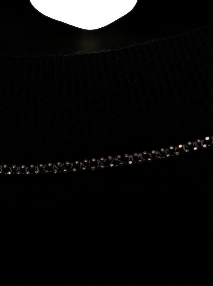 Black Long Sleeve T-Shirt With Round Neck And Monile Details Cotton Women Tshirts Polo Shirts