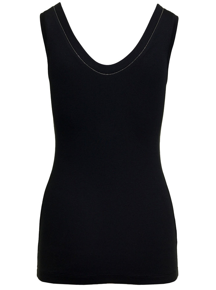 Black Top With Round Neckline And Monile Details Cotton Women Tops