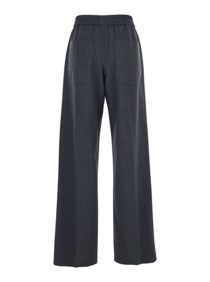 Grey Pants With Elasticized Waist Stretch Wool Blend Women Trousers