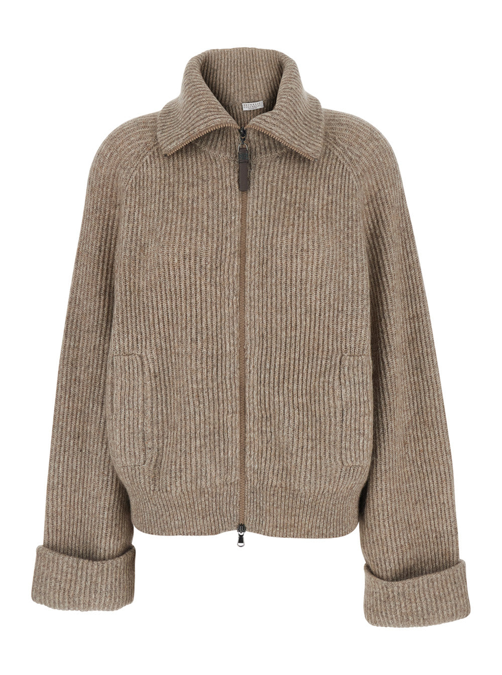 Beige Cardigan With Turn-Down Collar And Monil On Zipper Cashmere Blend For Women Jersey