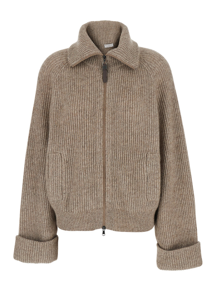 Beige Cardigan With Turn-Down Collar And Monil On Zipper Cashmere Blend For Women Jersey