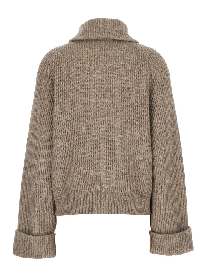Beige Cardigan With Turn-Down Collar And Monil On Zipper Cashmere Blend For Women Jersey