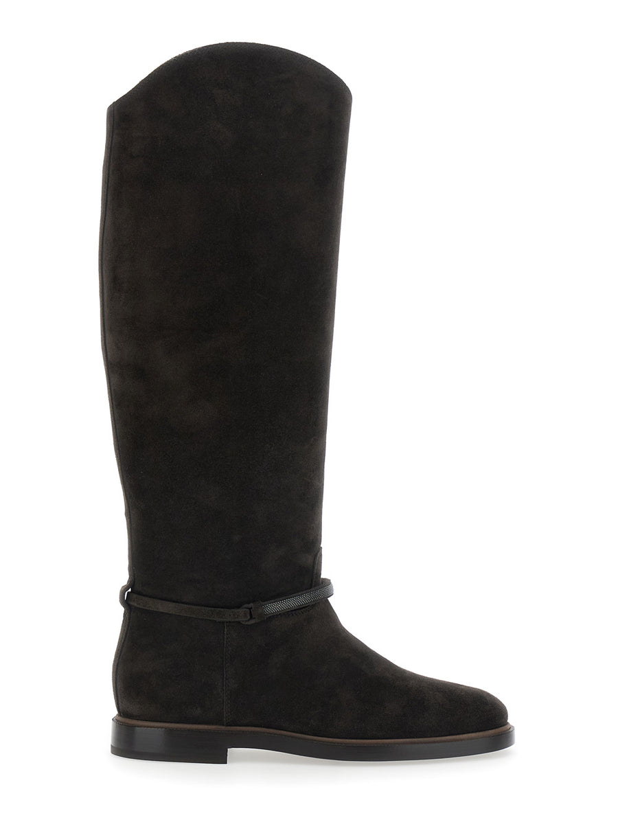 Boots With Monile Detail Brown Suede