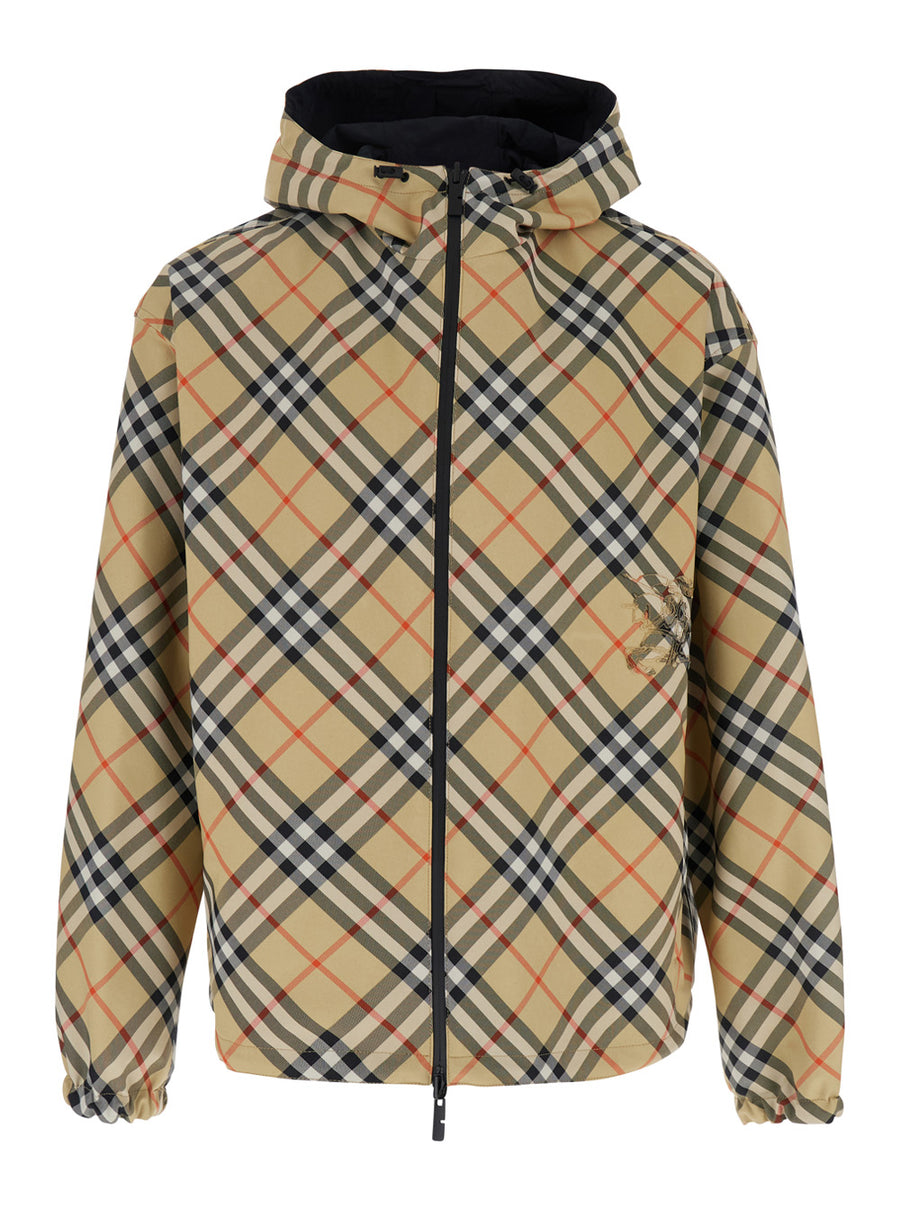 Reversible Jacket Beige Check Motif Polyester Coat