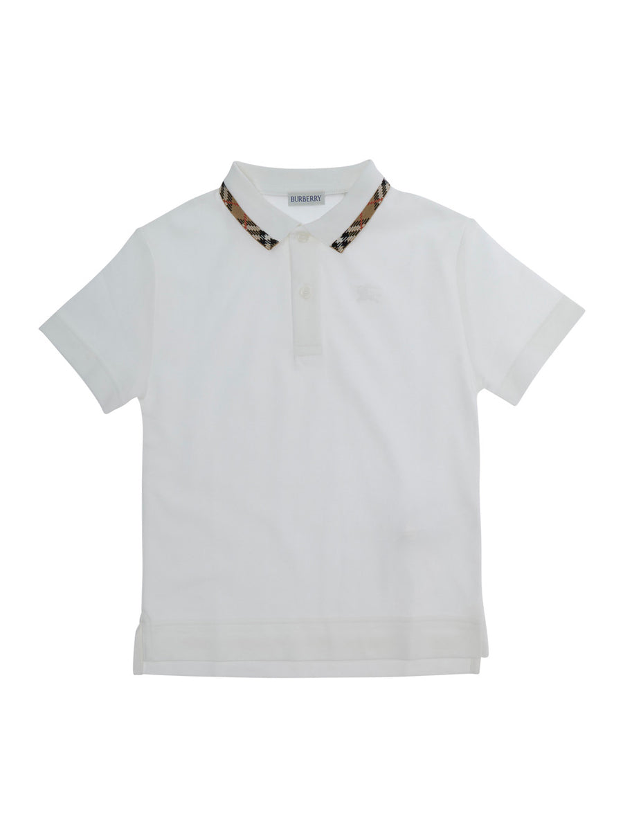 Cotton Polo Shirt With Check Collar, White T-shirts