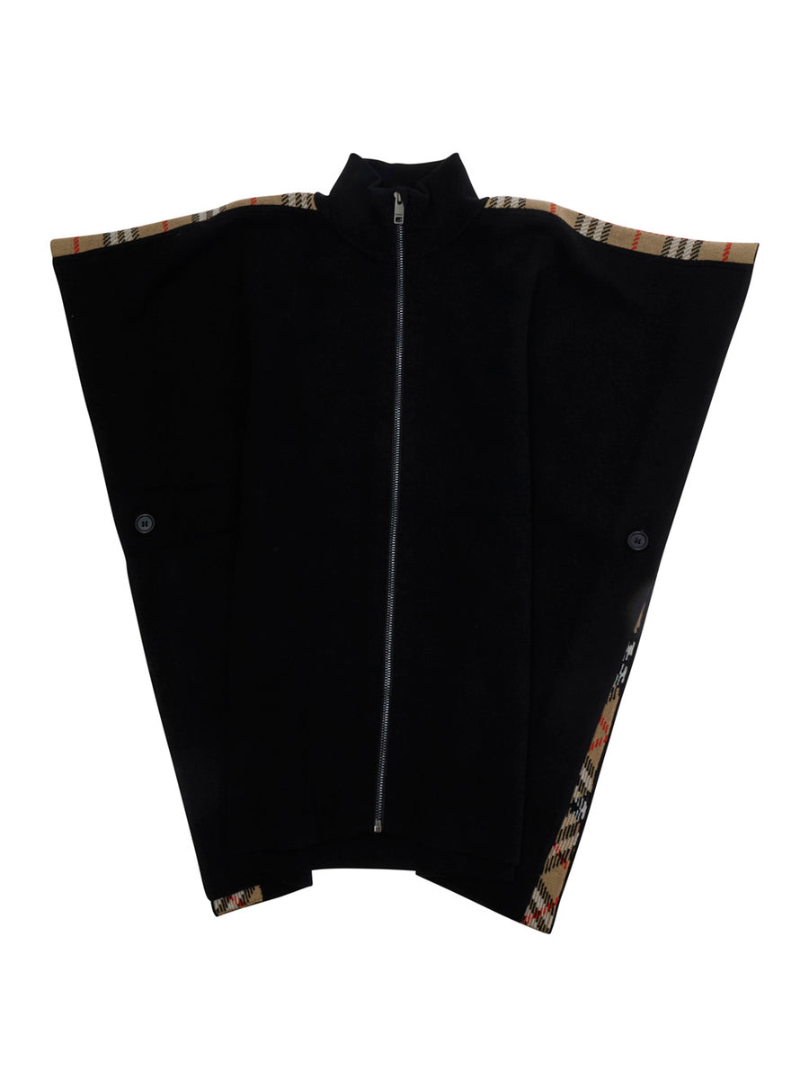 Cape With Check Side Bands, Black Wool Coat