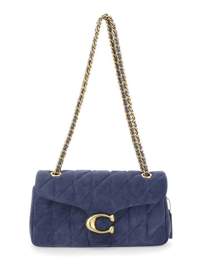 Blue Crossbody Bag With Chain Handles And Logo Plate On The Front Suede For Women Blu
