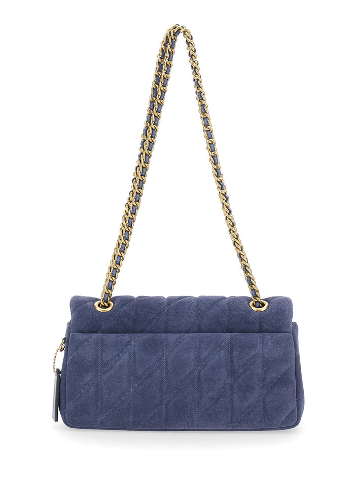 Blue Crossbody Bag With Chain Handles And Logo Plate On The Front Suede For Women Blu