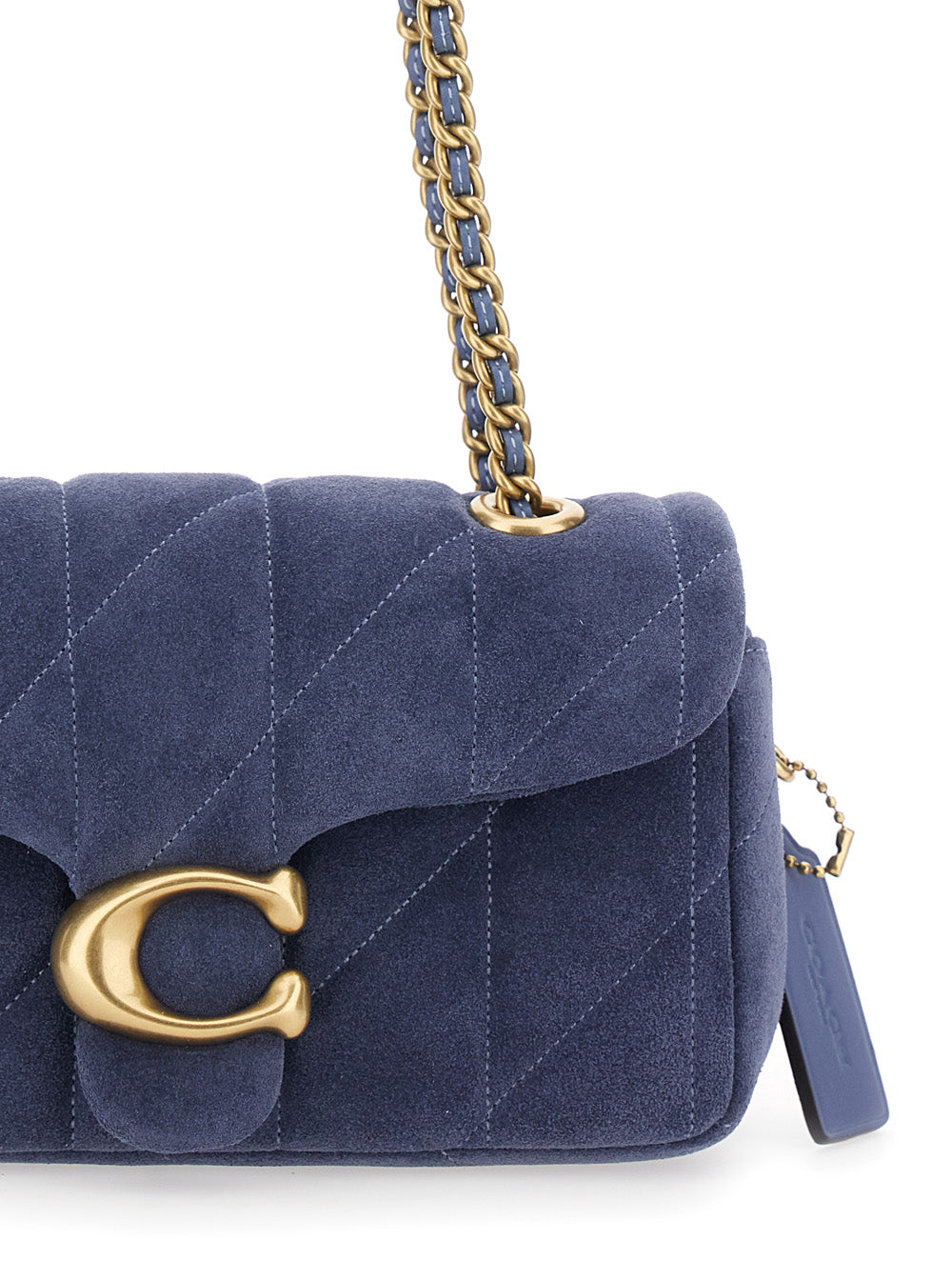 Blue Crossbody Bag With Chain Handles And Logo Plate On The Front Suede For Women Blu
