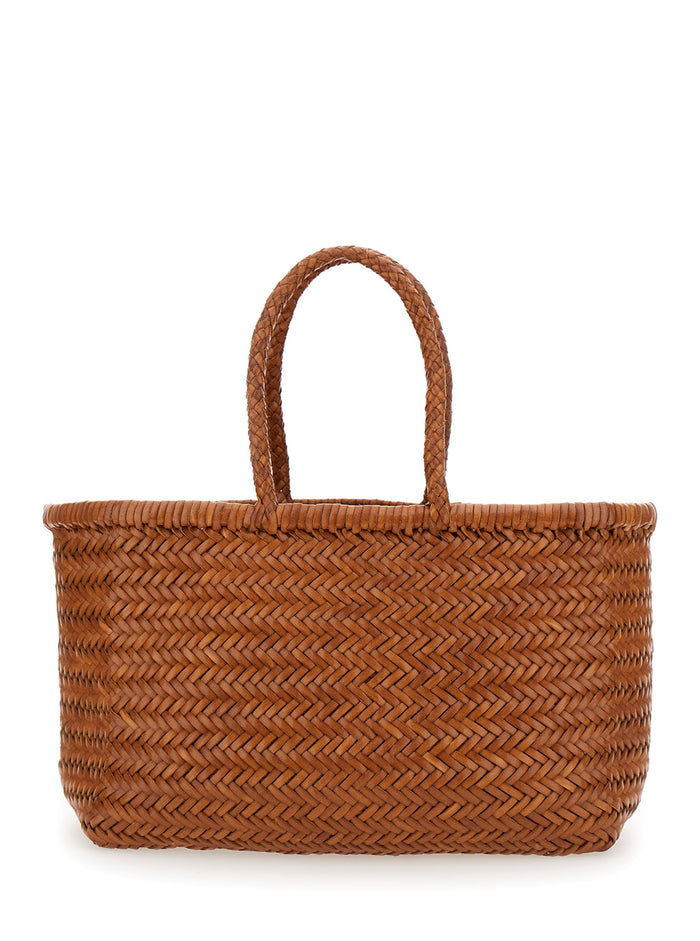 Tote Bag Bamboo Triple Jump With Two Top Handles Brown Leather For Women Hand