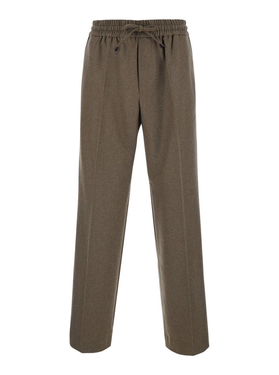 Elastic Flannel Trousers Brown Cotton