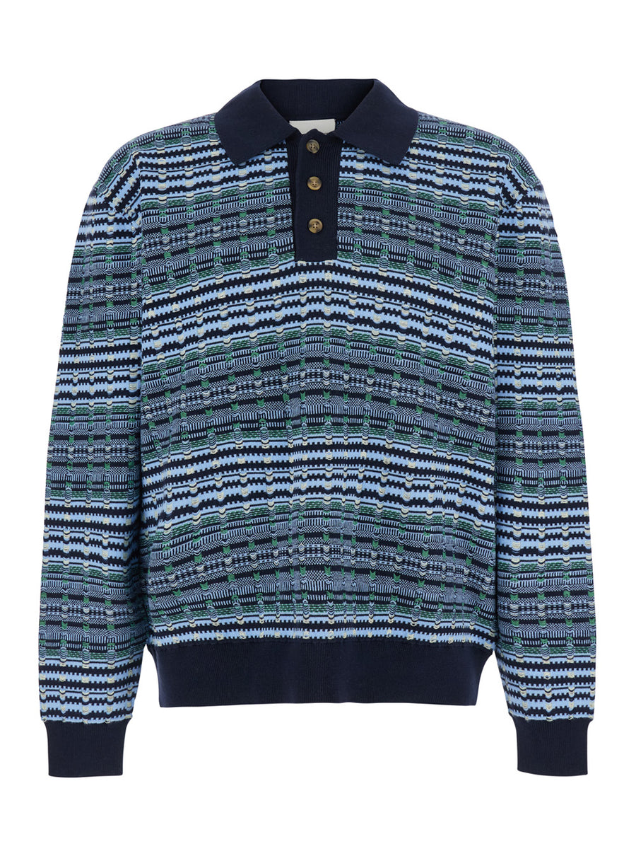 Sweater With Polo Collar, Blue Wool Blend